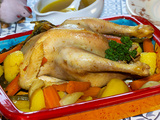 Poule braisée au bouillon safrané