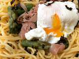 Spaghetti aux asperges, poitrine de porc, œuf et basilic