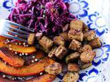 Assiette complète : Tempeh et potimarron rôtis, salade au chou rouge