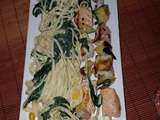 Brochette saumon & lotte accompagné de pâtes et de légumes