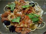 Spaghetti aux boulettes de Merguez, poivron, courgette, olives noires
