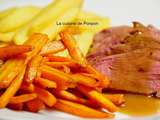 Magret de canard cuit à basse température, sauce grand veneur accompagné de frites de pomme de terre et carotte