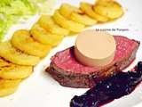 Rôti de biche cuit à basse température, mousse de foie gras et confiture de cerise à l'ail noir