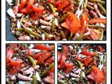 Salade de lentilles, oignon, tomates, lardons