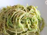 Pesto de brocoli et  spaghetti  sans gluten, recette 100% végétale et sans soja