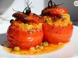 Tomates farcies de risotto safrané aux fèves et aux petits pois