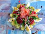 Salade fraîcheur : tomates, oeufs, saumon fumé, crevettes etc