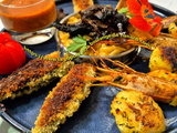 Brochettes de St Jacques & gambas, sardines à la plancha