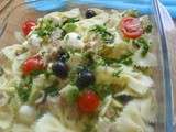 Salade de pâtes papillon /avocat /tomates cerises/thon/olives et mozzarella