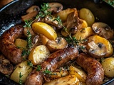 Découvrez la Recette Inratable et Savoureuse: Saucisses, Champignons et Pommes de Terre au Four – Un Festin Familial Réconfortant