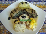 Roussette au safran, aubergine et blette, p de terre à la crème d'ail