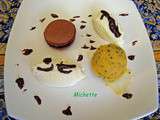 Sorbet mangue-passion, quenelle chocolat blanc-brocciu, macaron garni
