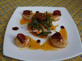 St Jacques aux agrumes et chorizo, carottes au cumin et haricots verts