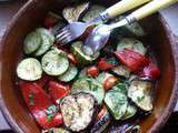 Salade d'aubergines et de poivrons grillés, paleron mariné au basilic