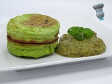 Pancakes aux petits pois, sauce courgette et menthe