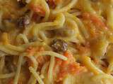 Comment je suis devenu un génie en spaghettisant ma confiture ... spaghetti aux raisins secs, graines de tournesol et sauce au potiron, oranges et abricots secs