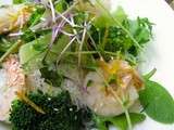 Salade tiède de brocolis, crevettes, vermicelles et pousses