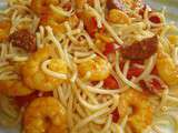 Spaghettis crevettes,chorizo,poivrons