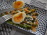 Asperges poelées , coulis de poivrons et parmesan