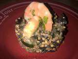 Salade kasha aubergines courgettes et crevettes marinées
