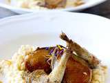 Filets de pigeonneaux poêlés, cuisses confites à l'huile d'olive sur sa purée de chou-fleur à la crème de parmesan et truffe