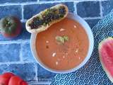Gaspacho de tomates & pastèque - baguettine de pesto de coriandre et tomate séchée