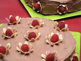 Gâteau au chocolat,glaçage à la ganache fouettée, framboises et amandes