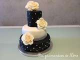 Gâteau à étages noir, blanc et strass, ganache Kinder et curd Framboise