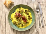 Mousseline de chou-fleur au curry, ravioles croustillantes et lard