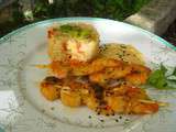 Brochette de crevettes à la coco risotto oignons rouges tomate et paprika