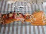 Brochettes de gambas, saint jacques chorizo sauce crémeuse aux tomates fraiches