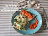 Dos de flétan rôti, vinaigrette au poivron rouge et salade de malfadine aux tagliatelles de courgettes