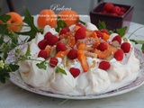 Pavlova à la rhubarbe rôtie, abricots et framboises