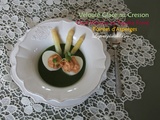Velouté glacé au cresson, oeufs mimosa au paprika fumé et pointes d'asperges