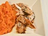 Aiguillettes de poulet à la sauce soja, purée de carottes au curcuma