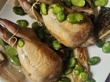 Cailles aux fèves, sucrines et échalion braisés