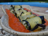 Roulades d’aubergines farcies à l’agneau, riz et blettes