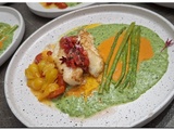 Lotte en duo de sauces, tomates confites et vierge parfumée