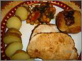 Roti de porc aux épices / sauté de pourpier aux pois chiches et pommes de terre en robe des champs