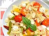 Salade de farfalles au pesto { tomates cerise et poivrons rôtis, tomates séchées et mozzarella }