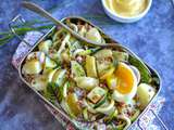 Salade de pommes de terre de primeur, tagliatelles de courgette, kasha et œuf mollet