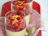 Verrines gourmandes : crème de rhubarbe à la verveine ~ gelée d'hibiscus à la rose ~ fraises citronnées