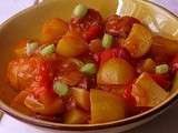 Pommes de terre grenaille à la tomate, au chorizo et au poivron