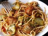 Spaghettis, aux boulettes bœuf et merguez, sauce tomate