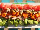 Salade de coques, lardons, pamplemousse, fèves et carottes