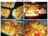 Pizza party : jambon/champignons, jambon cru/tomates cerises/mozza, Brie/miel et Poivrons/chorizo