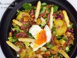 Salade tiède aux pommes de terre, asperges, lardons et oeuf mollet... vinaigrette à la moutarde