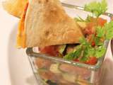 Quesadillas Saint Nectaire et chorizo, sur salsa de légumes d’été
