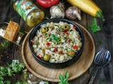 Risotto anti-gaspi aux restes de poulet rôti, olives vertes et légumes de l’été indien