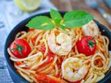 Spaghettis sauce tomate, crème de soja et crevettes